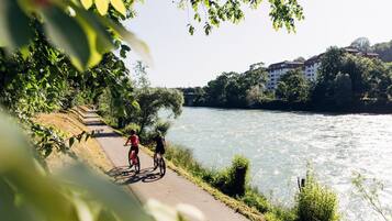 A paved path alongside a river with cyclists, surrounded by greenery and buildings in the background.