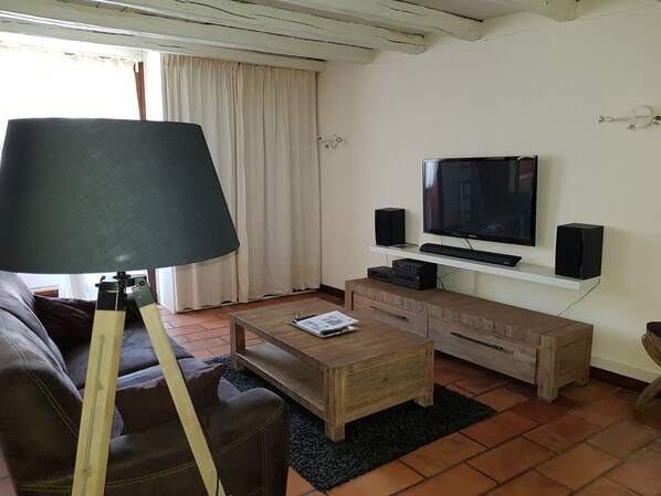 TV, fireplace, books, stereo