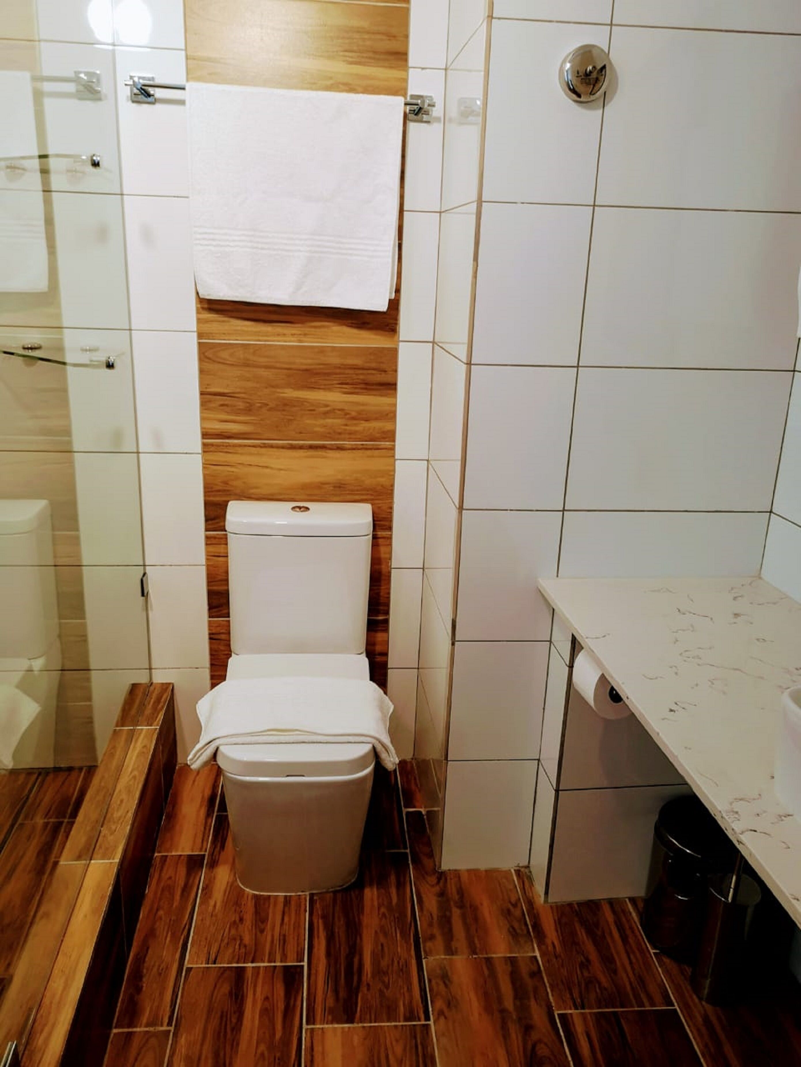 A small bathroom with a toilet, a wooden vanity, and a shower area.