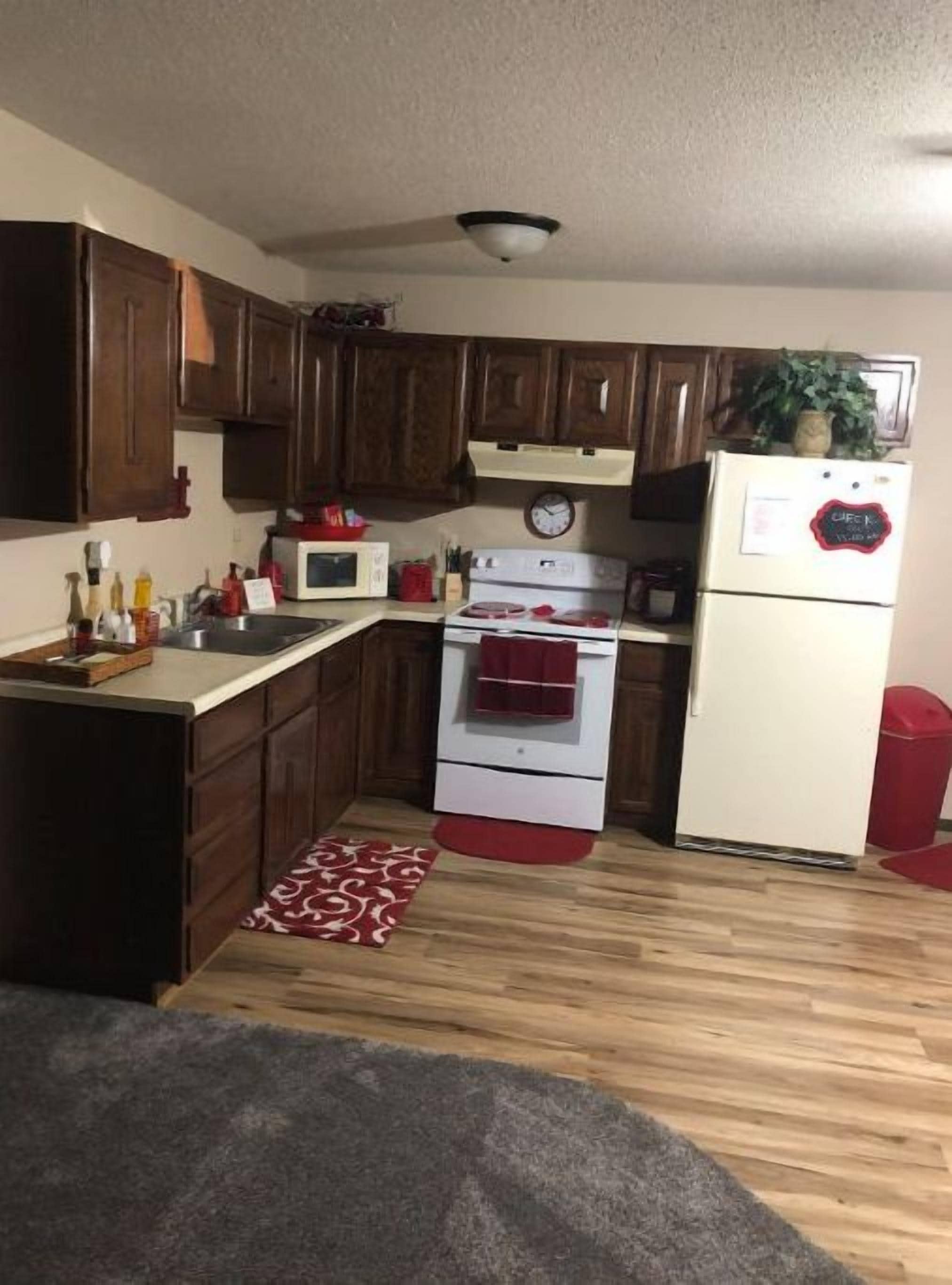 Coffee/tea maker, fridge, microwave, oven