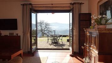 Una Smart TV, una chimenea, libros, un reproductor estéreo