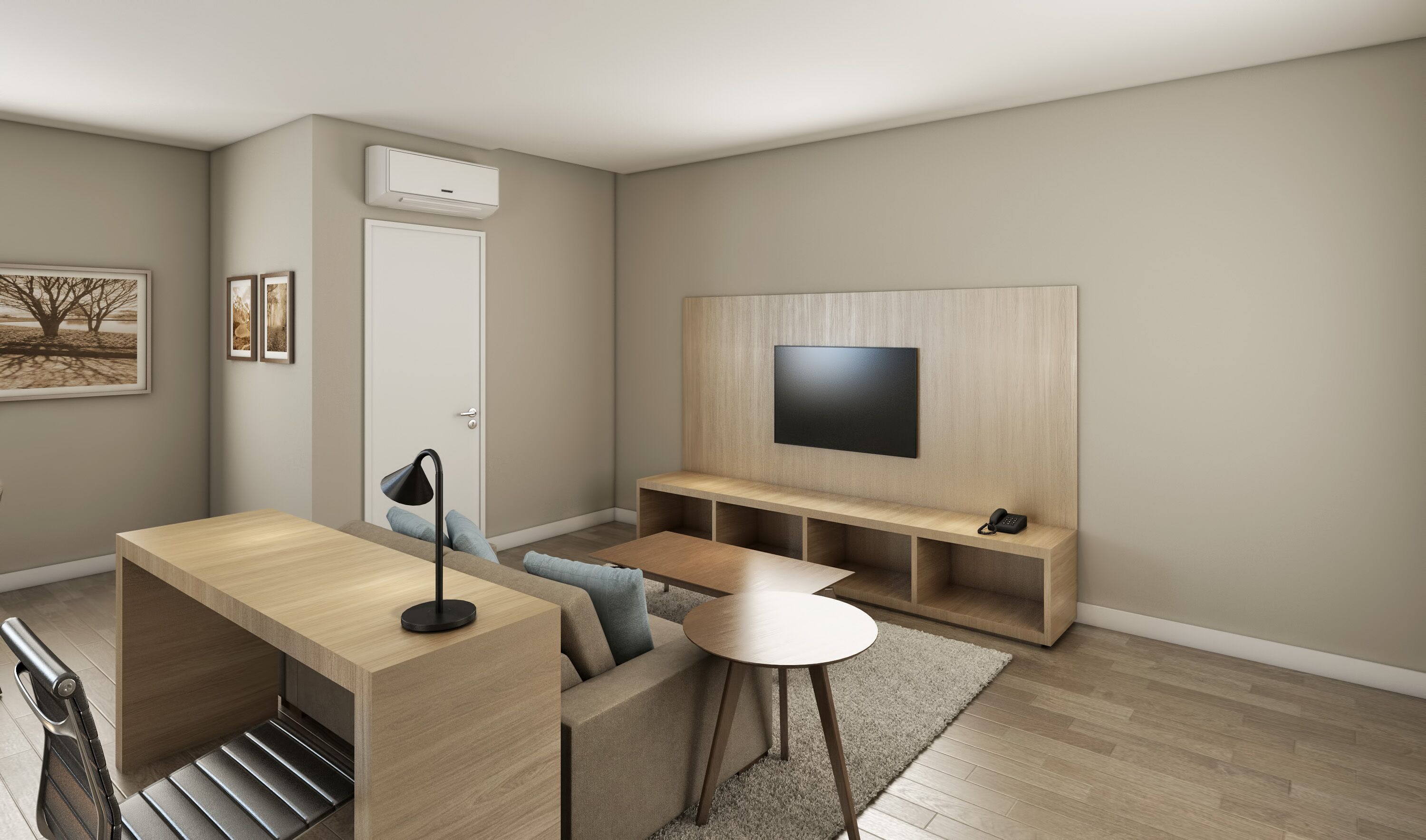A modern living room with a wooden TV stand, a sofa, a coffee table, and a desk with a lamp.