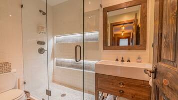 Hair dryer, towels, soap, shampoo