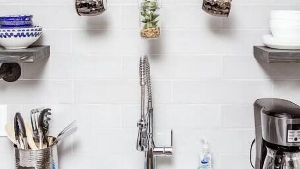 A kitchen with a stainless steel sink, hanging mugs, a potted plant, and a coffee maker. - Newly Renovated (9E) OSU/ExpoCenter/Central ❤NearEVERYTHING (Columbus)