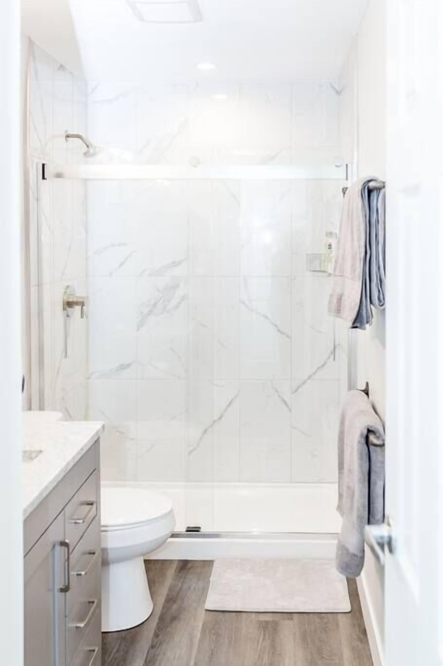 Hair dryer, towels, soap, shampoo