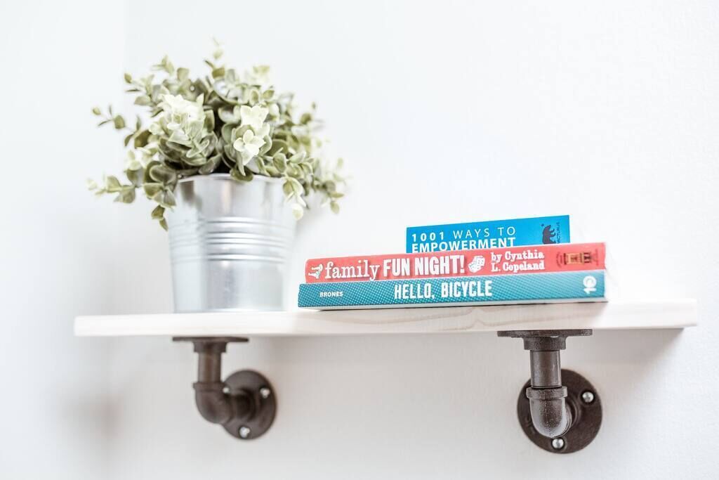 A white shelf with a metal pot containing green plants, and three books titled '1001 WAYS TO EMPOWERMENT', 'family FUN NIGHT!', and 'HELLO, BICYCLE'.