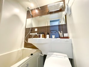Separate bathtub and shower, free toiletries, hair dryer