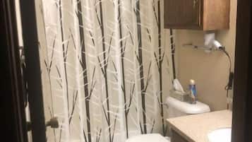 Combined shower/bathtub, hair dryer, towels, soap