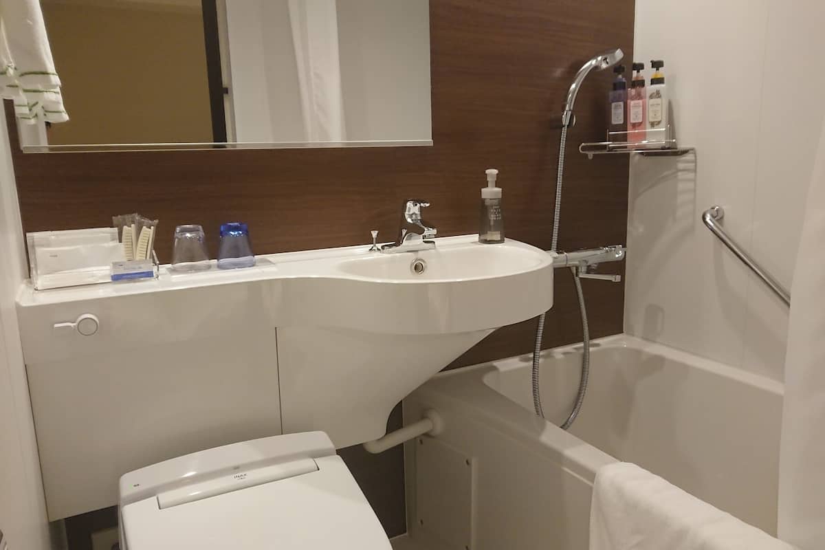 combined shower/bathtub, free toiletries, hair dryer, slippers