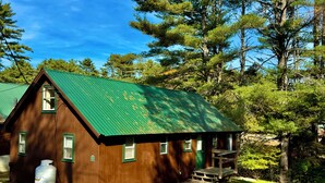Uma cabana de madeira com telhado verde, um deck de madeira e uma mesa de piquenique.