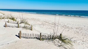 A sandy beach with wooden fences and sparse vegetation. - Omni Resort - Gorgeous Top Floor Penthouse with Oceanfront Views - Shipwatch! (Fernandina Beach)