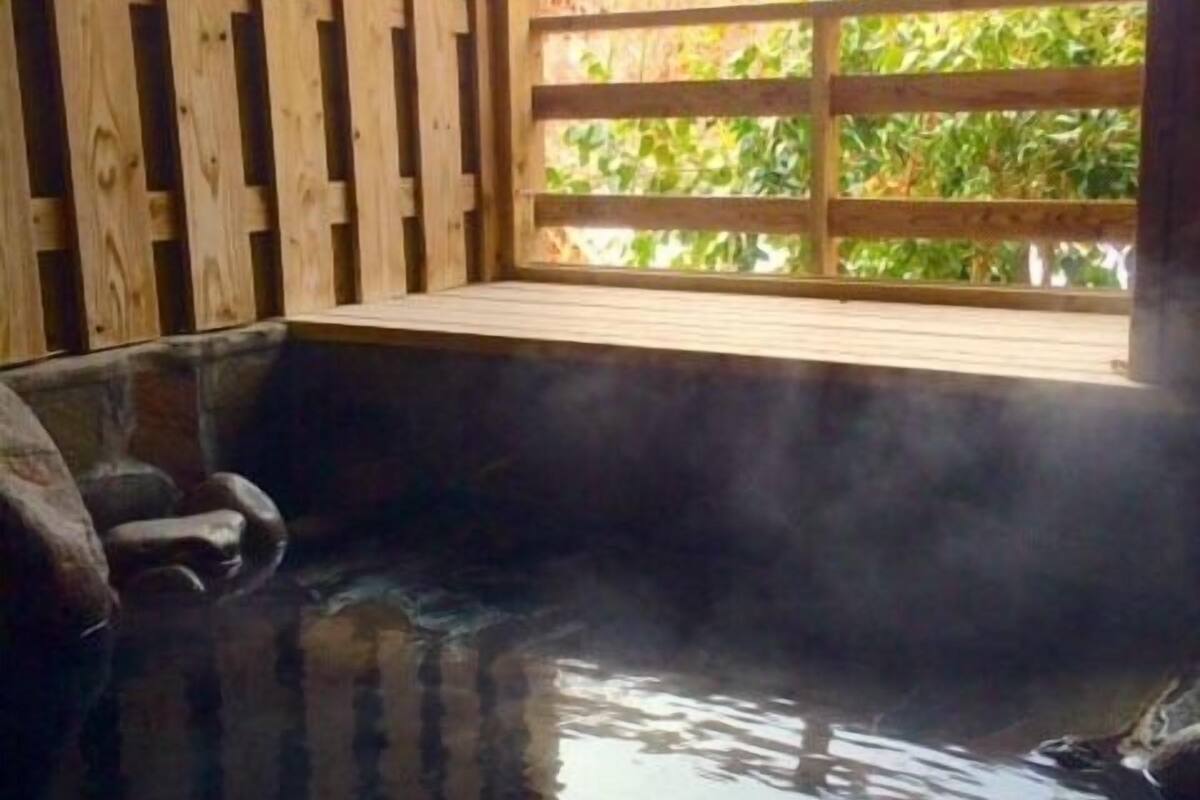 A wooden spa with a hot spring, a wooden deck, and a view of trees.
