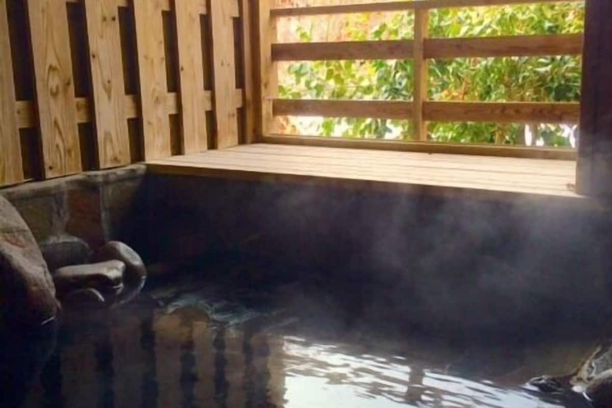 Um spa de madeira com águas termais, um deck de madeira e vista para as árvores.