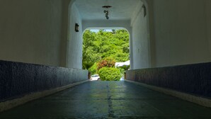 A corridor with a view of a lush green landscape through an arched opening. - Suites La Audiencia (Manzanillo)