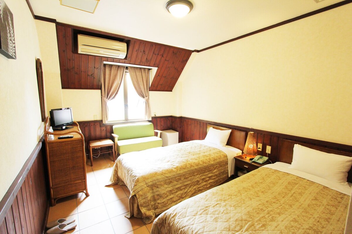 Habitación de hotel con dos camas, un escritorio con televisor, una ventana con cortinas y un equipo de aire acondicionado.