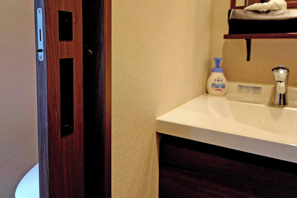 A bathroom with a white sink, a bottle of hand soap, and a towel rack.