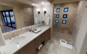 Hair dryer, towels, soap, shampoo