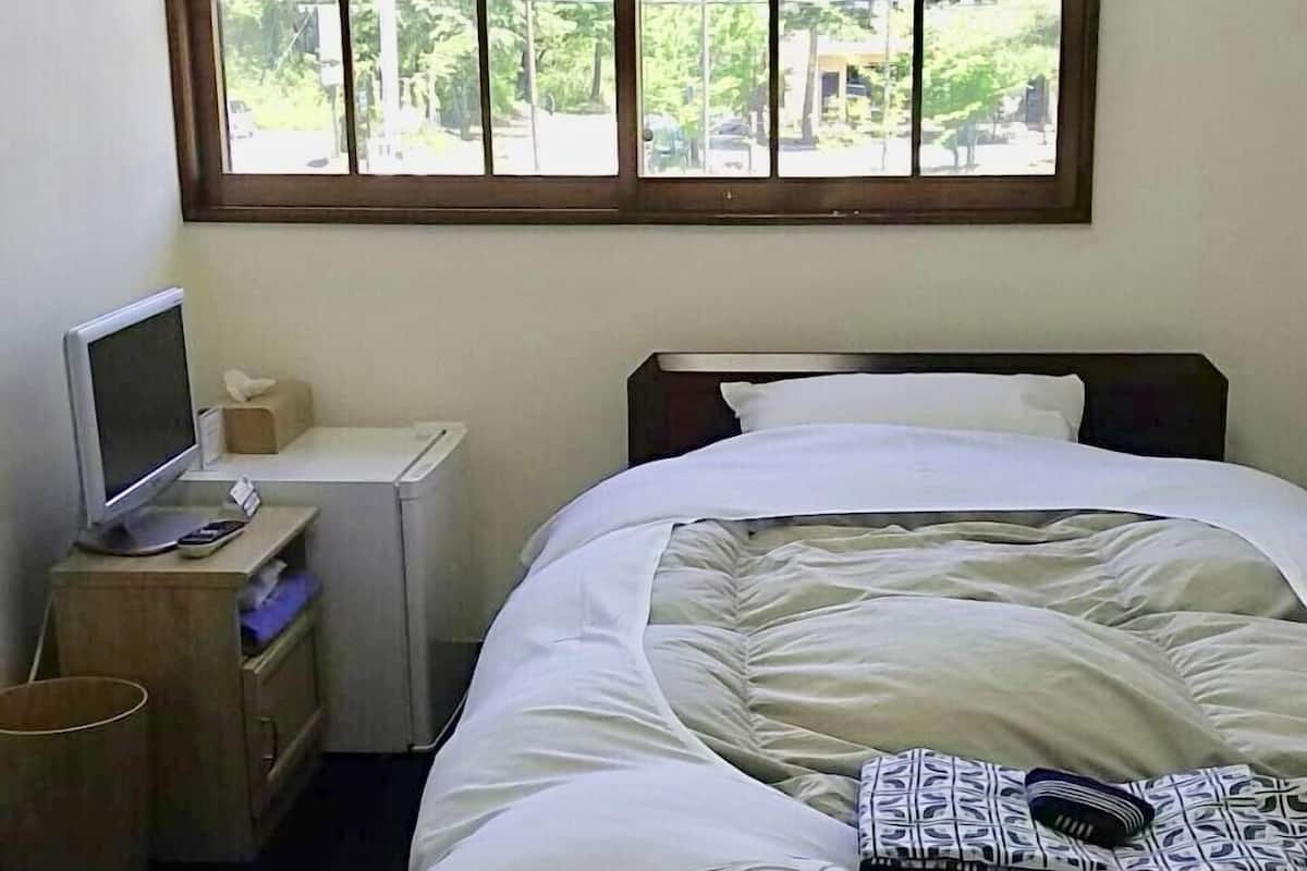 Een slaapkamer met een bed, een bureau, een stoel, een raam en uitzicht op groen.