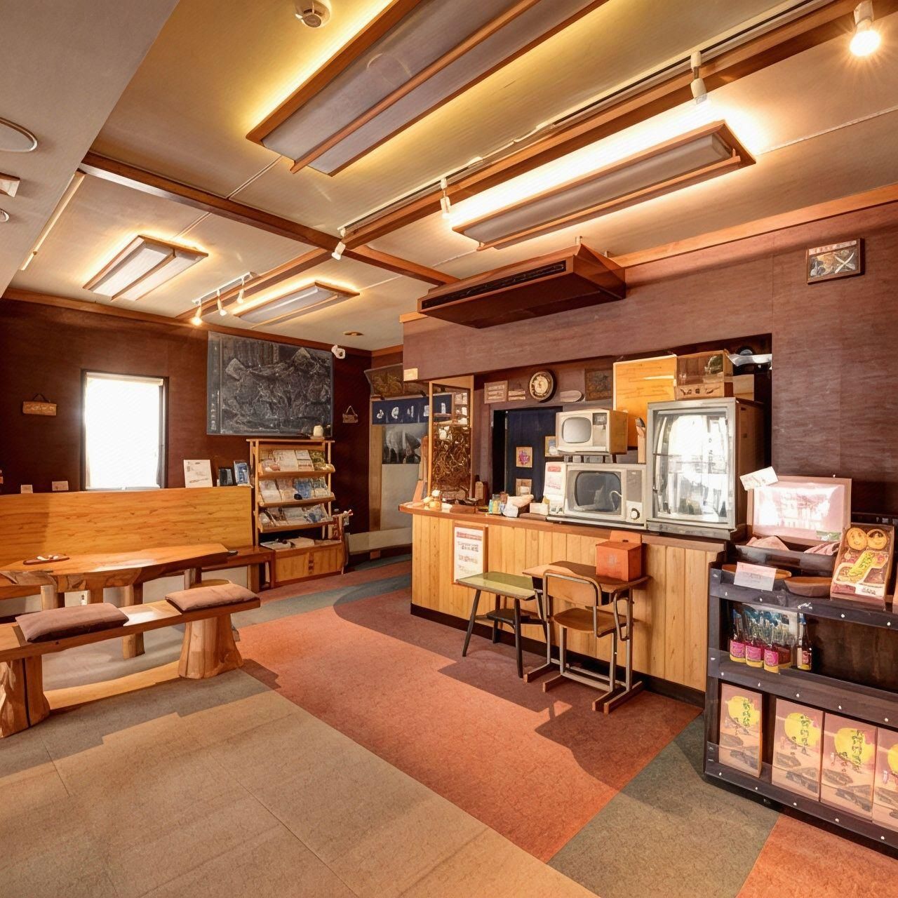 Un café acogedor con muebles de madera, una barra con televisores antiguos y un mural en la pared.