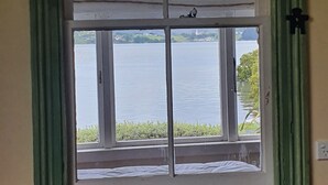 A window with a green frame, divided into four panes, overlooking a body of water and greenery.