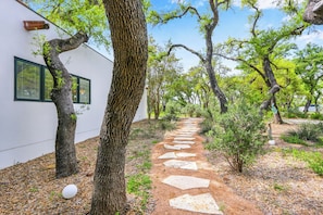 Stroll through the serene garden to the contemporary building.