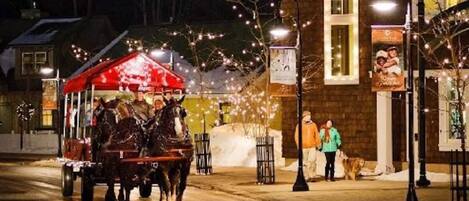A horse-drawn carriage on a wet street with Christmas lights and decorations.