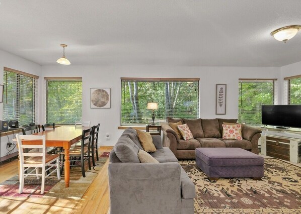 Smart TV, fireplace, music library