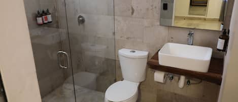 A modern bathroom with a glass-enclosed shower, a white toilet, and a wooden vanity with a sink.