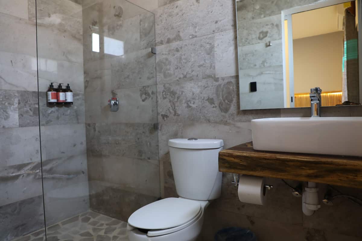 standard room, 2 king beds | bathroom | shower, rainfall showerhead, towels, soap