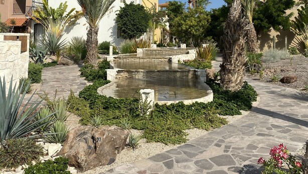 A landscaped garden with a stone pathway, palm trees, and a small fountain. - Casa Canto Del Mar (Fraccionamiento Nopolo, Loreto baja cali)