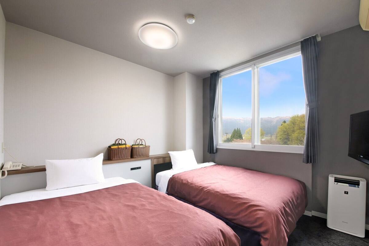 Habitación de hotel con dos camas, televisión, calefacción, ventana con vistas a la montaña y teléfono en la mesita de noche.