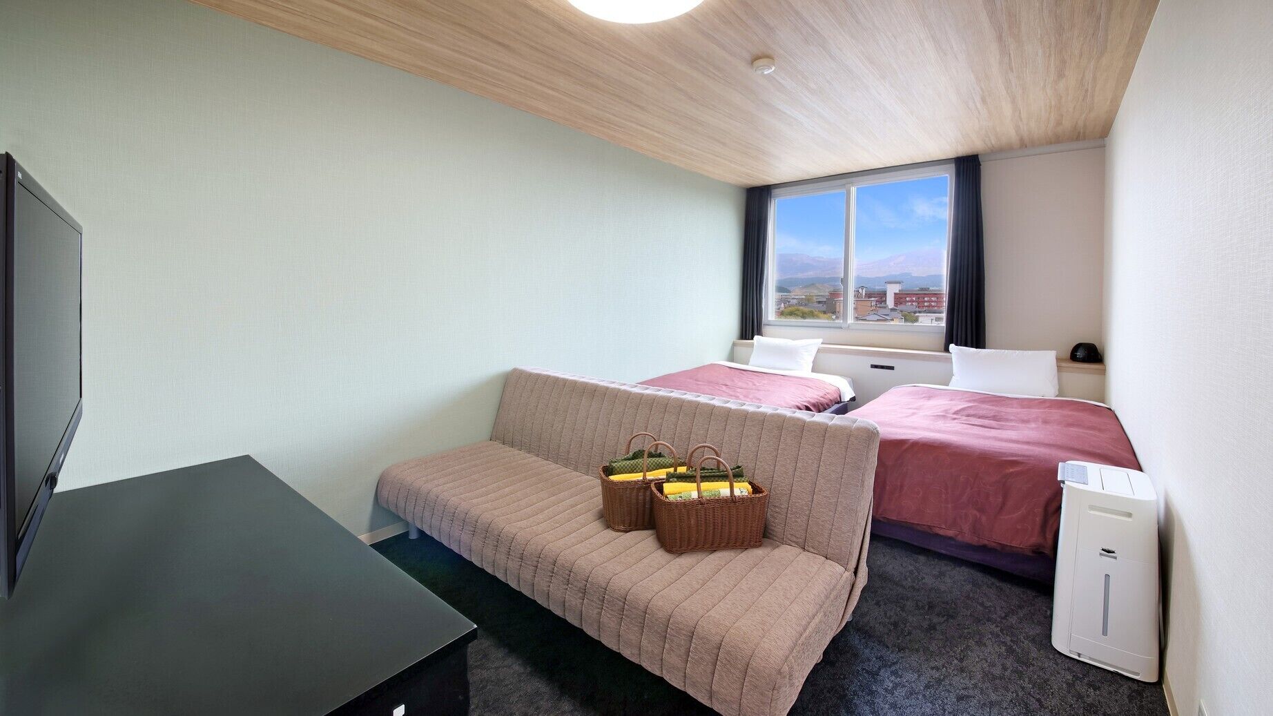 A hotel room with a bed, a sofa, a desk, and a TV.