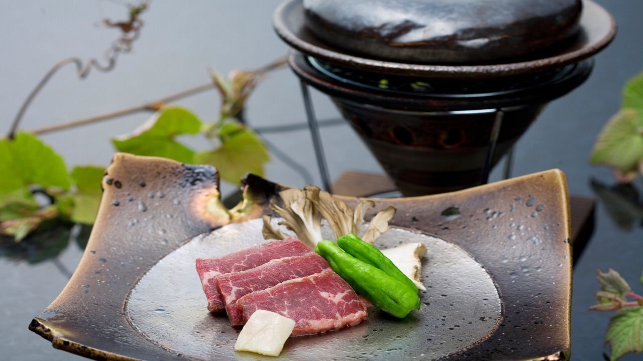 A plate with slices of meat, green peppers, and a white item on a dark, textured surface.