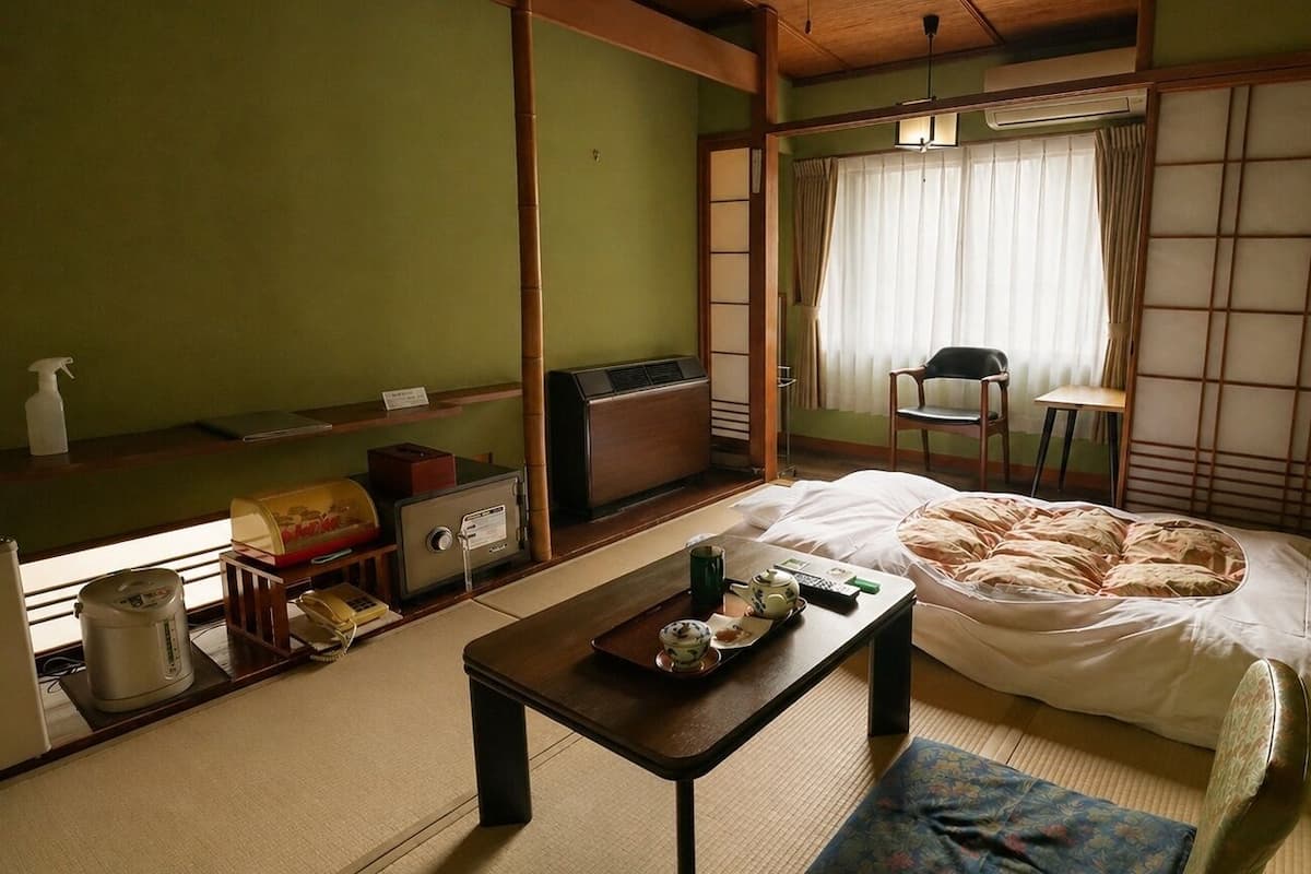 A traditional Japanese room with tatami flooring, a futon bed, a small table with tea set, and a sliding shoji screen.