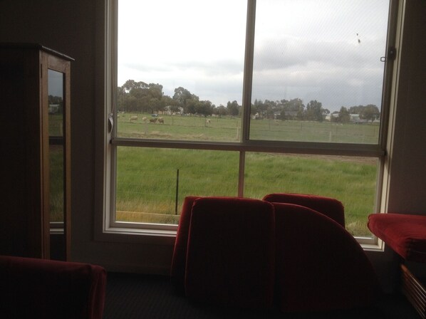 A room with a large window overlooking a grassy field and trees.