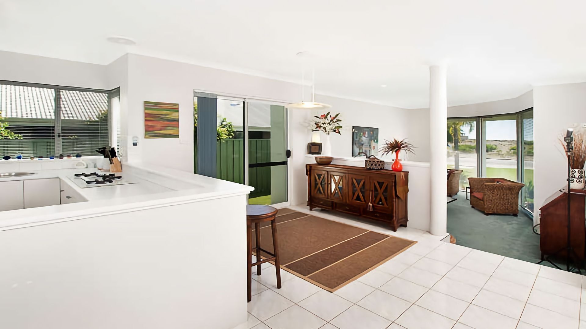 Microwave, oven, dishwasher, dining tables