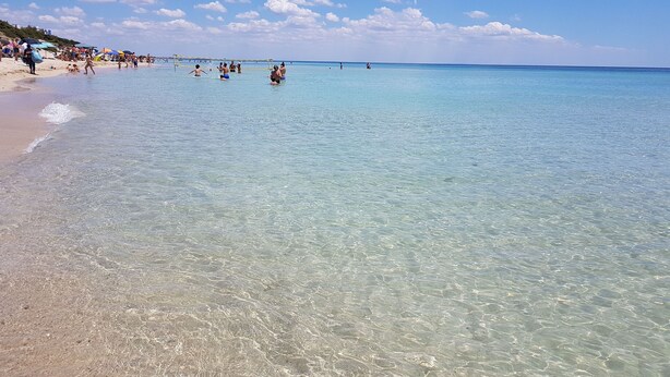 A beach with clear shallow waters, people swimming, and umbrellas on the sand.