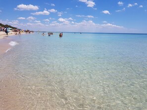 A beach with clear shallow waters, people swimming, and umbrellas on the sand. - VILLA AMICORUM House WEST, 10 x 4 m pool (San Pietro In Bevagna)