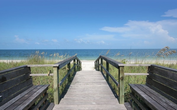 On the beach, sun-loungers, beach towels