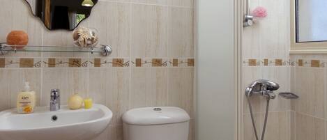 A bathroom with a sink, toilet, and a glass-enclosed shower area.