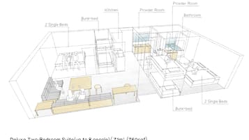 A two-bedroom suite layout with a kitchen, powder room, bathroom, and bunk-bed.