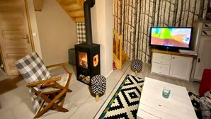A cozy living room with a wood-burning stove, a television, and a patterned rug. - Delightful SPA Cottage With Fire Place and Sauna (Grunwald)