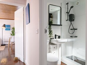A modern bathroom with a glass shower enclosure, a white sink, and a toilet.