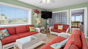 A living room with two red sofas, a white coffee table, and a ceiling fan.
