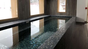 Ein Schwimmbecken mit dunklen Fliesenrändern und glatter Wasseroberfläche, umgeben von dunklen Holzwänden und großen Fenstern.