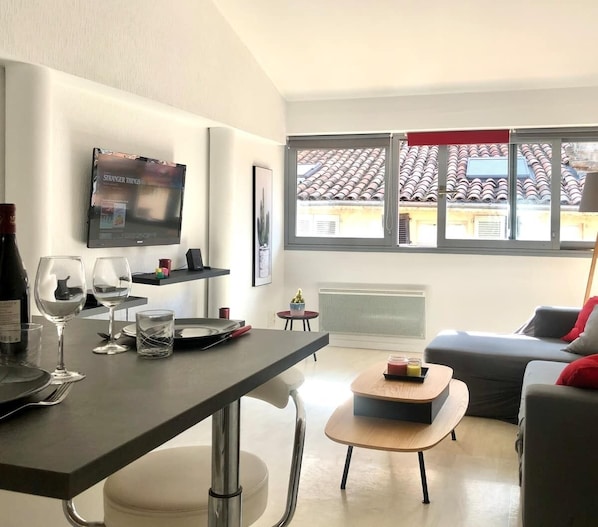 Smart TV, books, video library, stereo