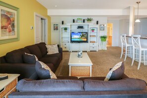 TV - Sunset Bay Villa 208 | Luxury Marina Villa w/ Private Boat Slip, Deck, Pool + Pet Friendly (Chincoteague Island)
