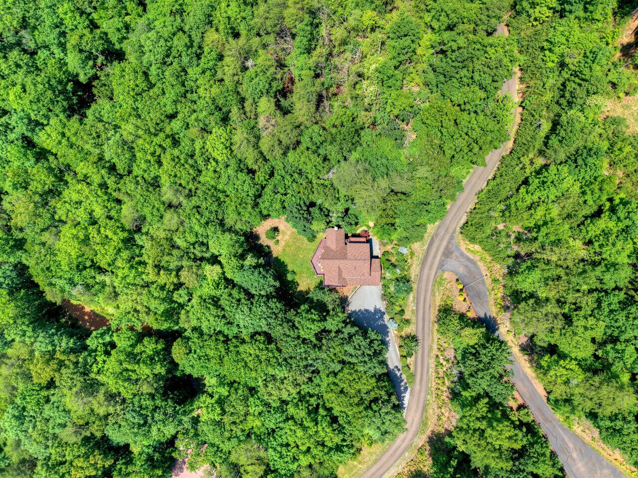 Une vue aérienne d’une maison entourée d’une forêt dense, avec une route sinueuse à proximité.