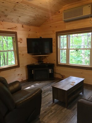 L'intérieur d'une cabane comprend un téléviseur posé sur un meuble, un canapé, une table basse et de grandes fenêtres donnant sur la forêt.