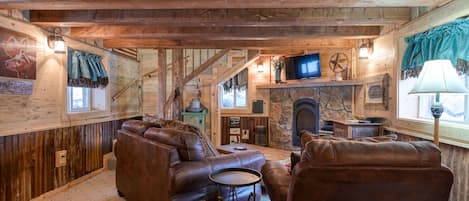 Fernseher, Kamin, DVD-Player, BĂŒcher